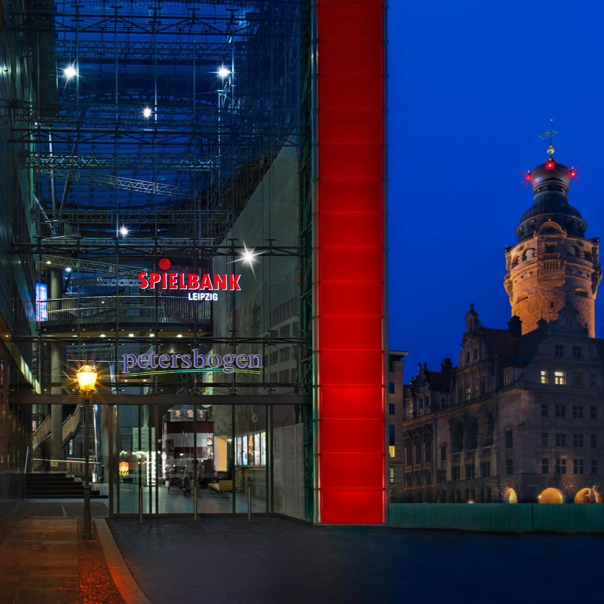 Exterior view of the Leipzig casino in the dark